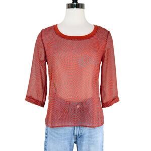 Robin K Anthropologie Sheer Top Women's Small Red Teal Print Top 3/4 Sleeve